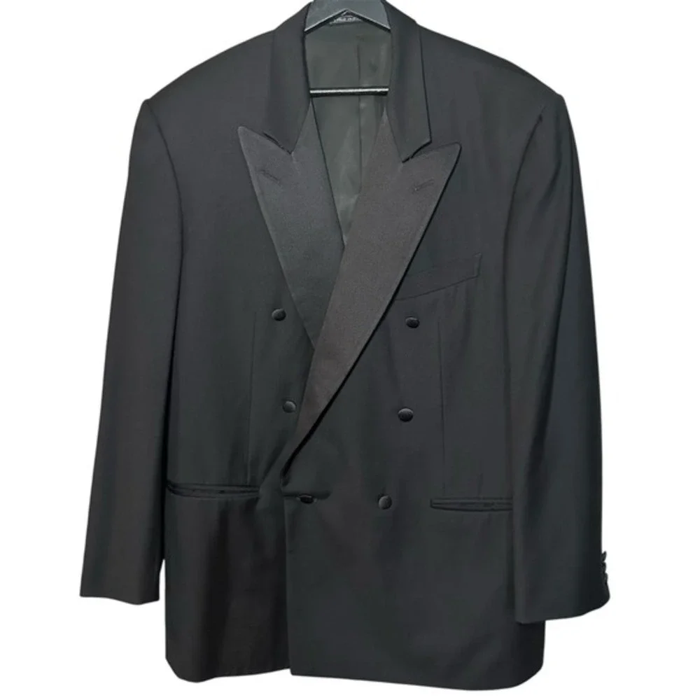 Ermenegildo Zegna Mens 54 Black Wool Tuxedo Jacket Peak Lapel Double Breasted